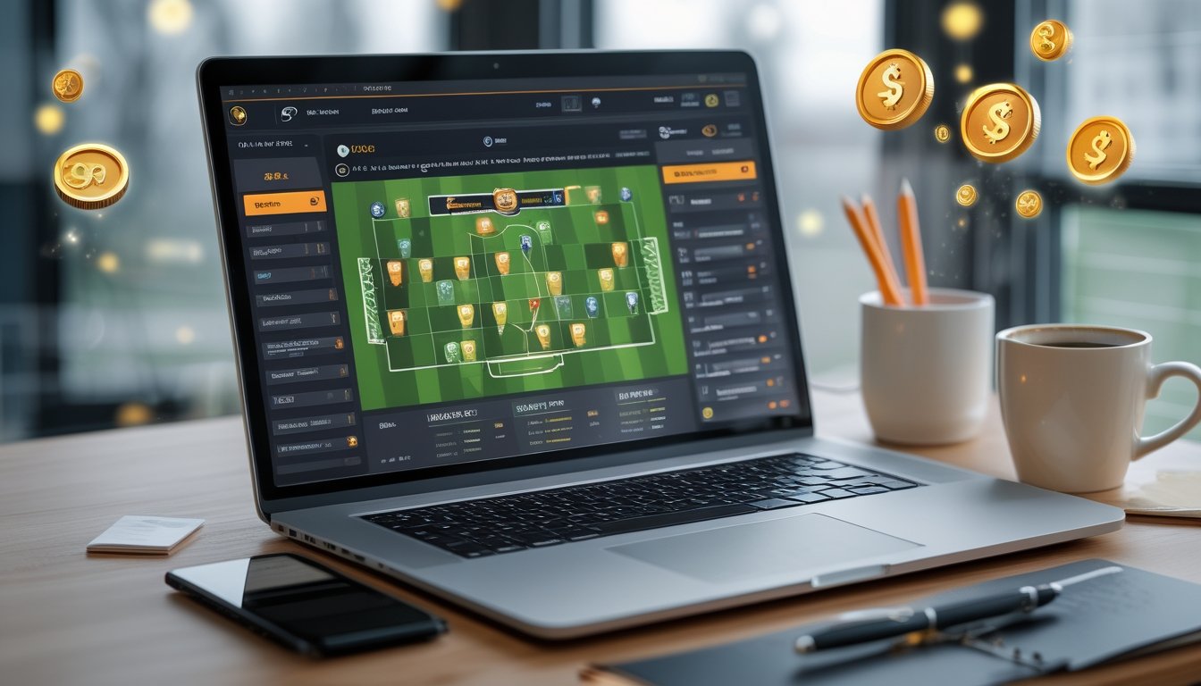 Seorang pria di depan laptop dengan grafik pertandingan sepak bola dan elemen yang melambangkan taruhan online di meja kerja.