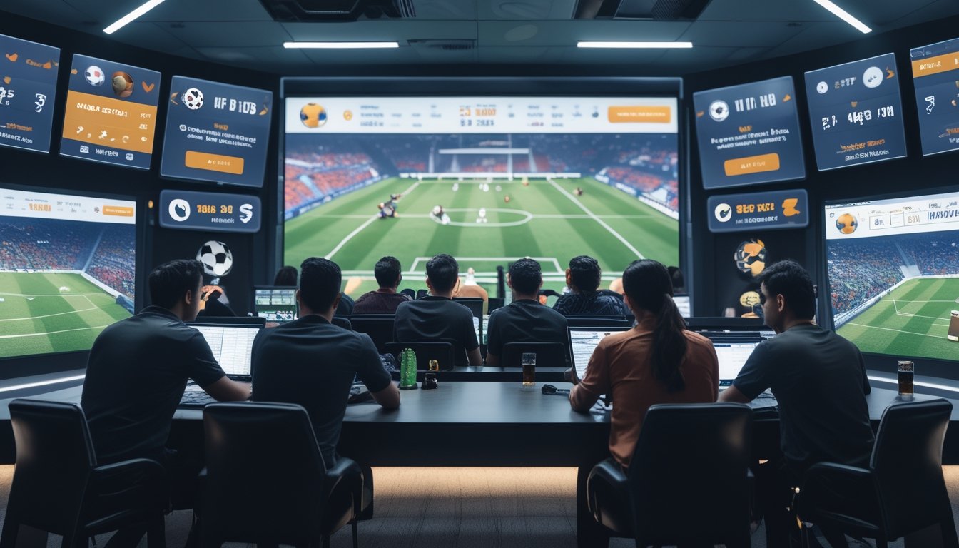 Orang-orang menggunakan komputer dan ponsel di ruangan modern dengan layar besar yang menampilkan pertandingan sepak bola dan data taruhan.