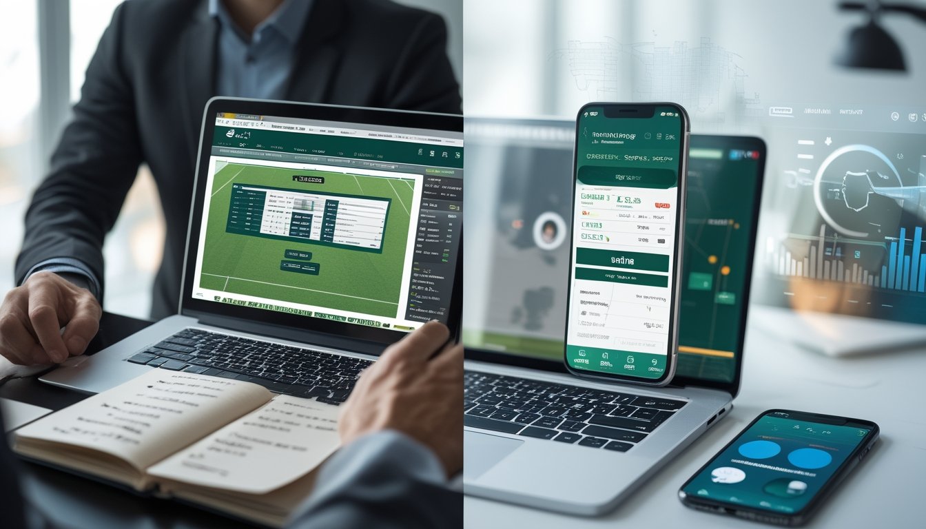 Seseorang menggunakan laptop dengan situs taruhan bola sederhana di sebelah kiri dan smartphone serta tablet dengan antarmuka taruhan modern di sebelah kanan di ruang kerja yang bersih.