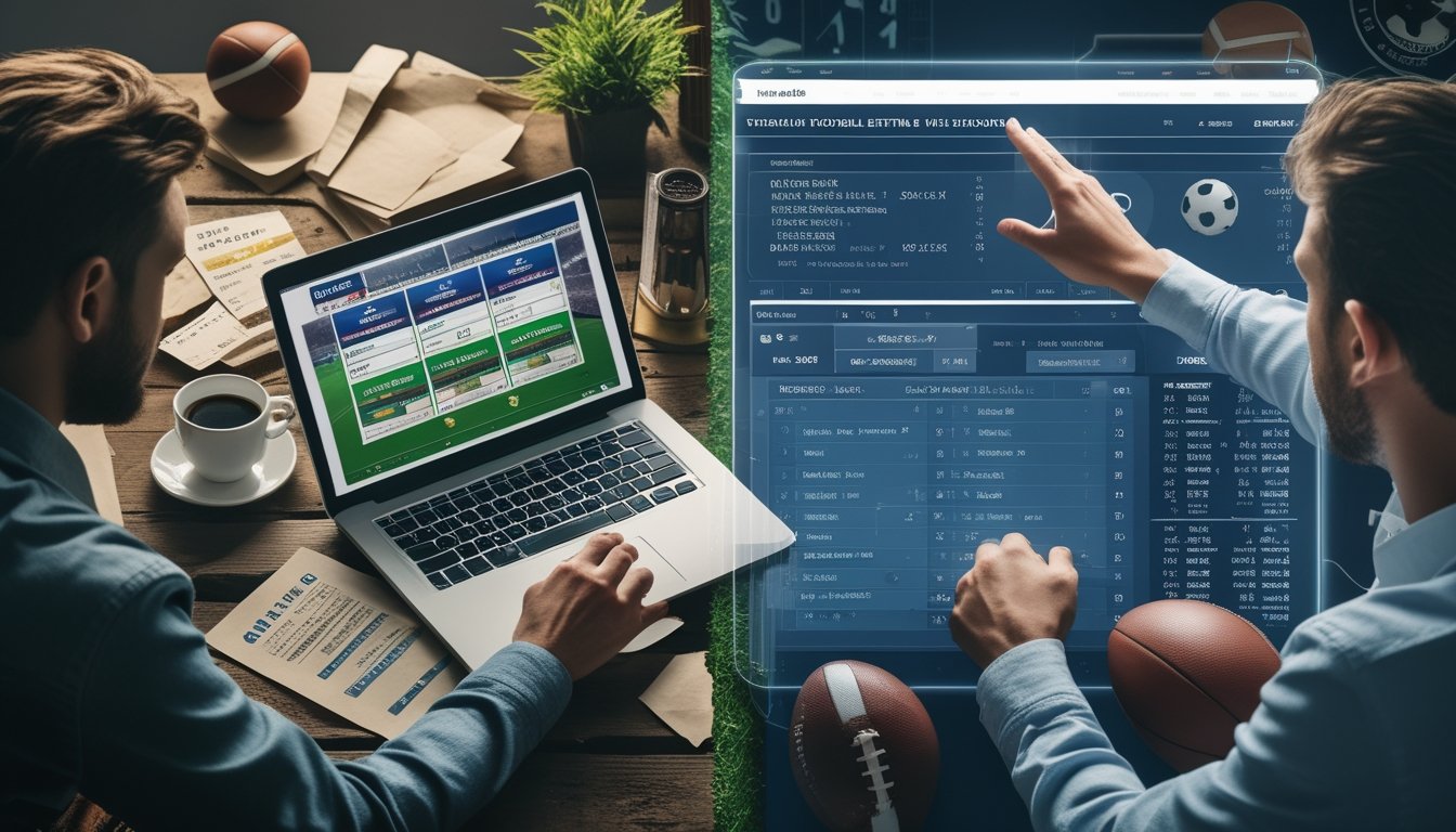 Dua orang yang sedang melakukan taruhan bola, satu menggunakan laptop dengan kertas taruhan di meja, dan satu lagi menggunakan antarmuka digital futuristik dengan statistik pertandingan sepak bola.