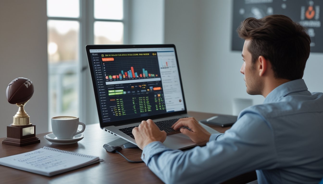 Seseorang duduk di meja dengan laptop dan catatan, terlihat fokus menganalisis data taruhan bola online.