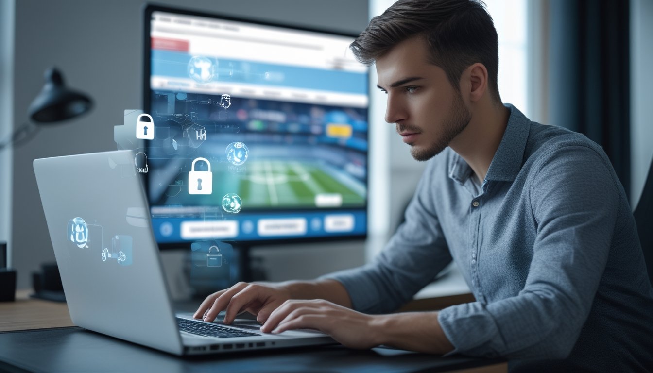 Seorang pria muda menggunakan laptop di ruang kerja rumah dengan latar belakang layar menampilkan stadion sepak bola, menggambarkan risiko keamanan data pribadi pada situs judi bola online.