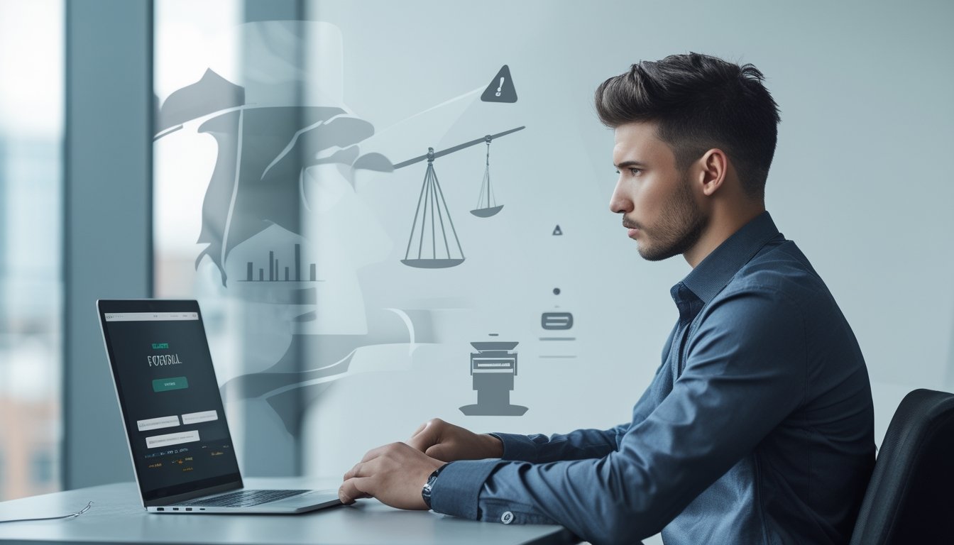 Seorang pria muda duduk di depan laptop di meja kerja, terlihat serius dan fokus dengan simbol hukum dan peringatan di latar belakang.