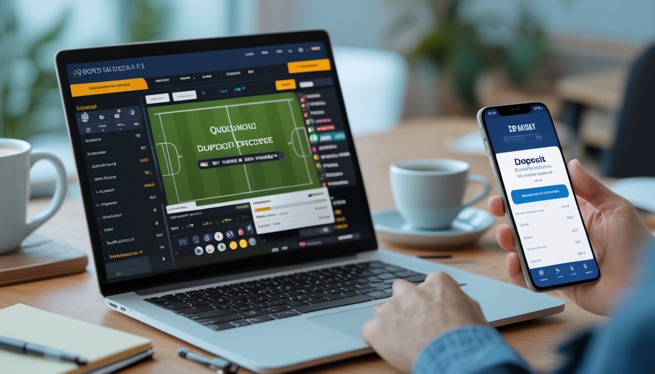 Seseorang menggunakan laptop dan ponsel untuk memasang taruhan bola online dengan suasana kerja yang rapi dan nyaman.