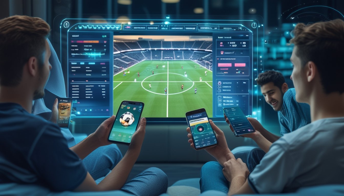 Sekelompok orang muda menggunakan perangkat digital untuk taruhan bola online dengan layar besar menampilkan pertandingan sepak bola dan grafik taruhan.