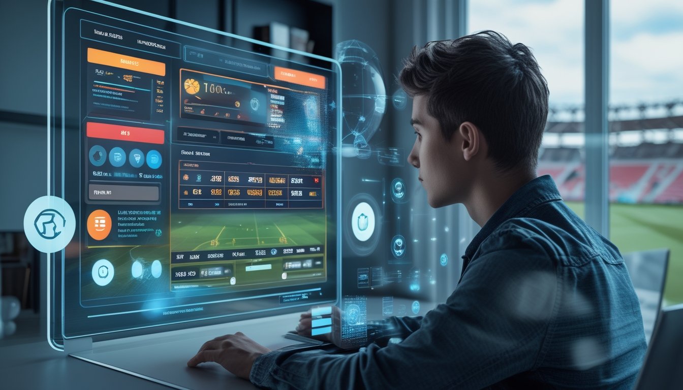 Seseorang menggunakan layar sentuh modern untuk memasang taruhan bola online dengan tampilan statistik dan grafik pertandingan sepak bola.