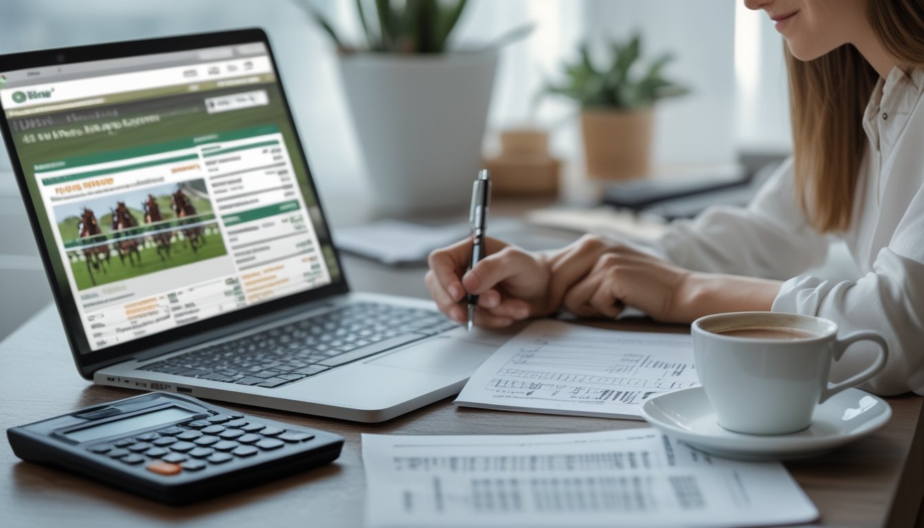 Seseorang duduk di meja dengan laptop, dokumen keuangan, dan kalkulator, sedang mengelola modal dengan fokus saat bermain judi balap kuda online.