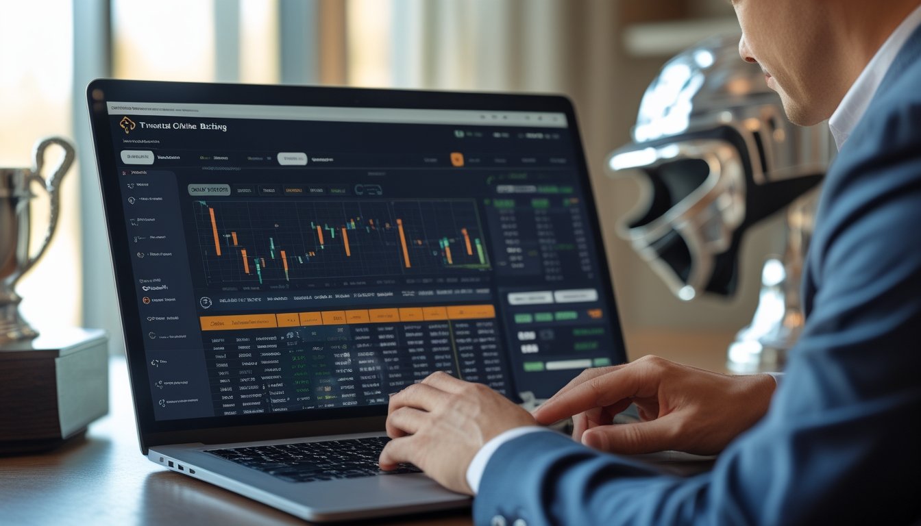 Seseorang menggunakan komputer dengan tampilan platform taruhan balap kuda yang profesional dan terpercaya.