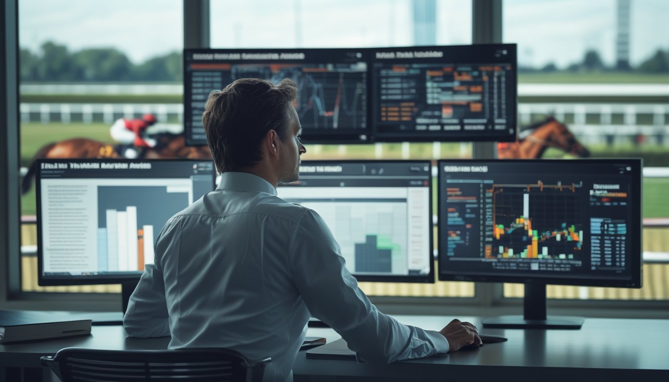Seorang pria serius sedang menganalisis data balap kuda di depan beberapa layar komputer di sebuah ruangan modern dengan latar belakang lintasan balap kuda.