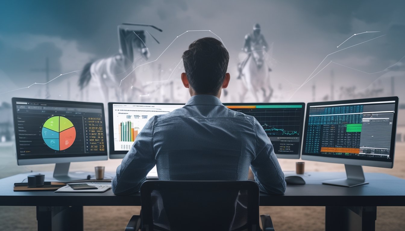Seseorang yang fokus menganalisis data statistik kuda pacu di depan beberapa perangkat digital dengan grafik dan diagram.