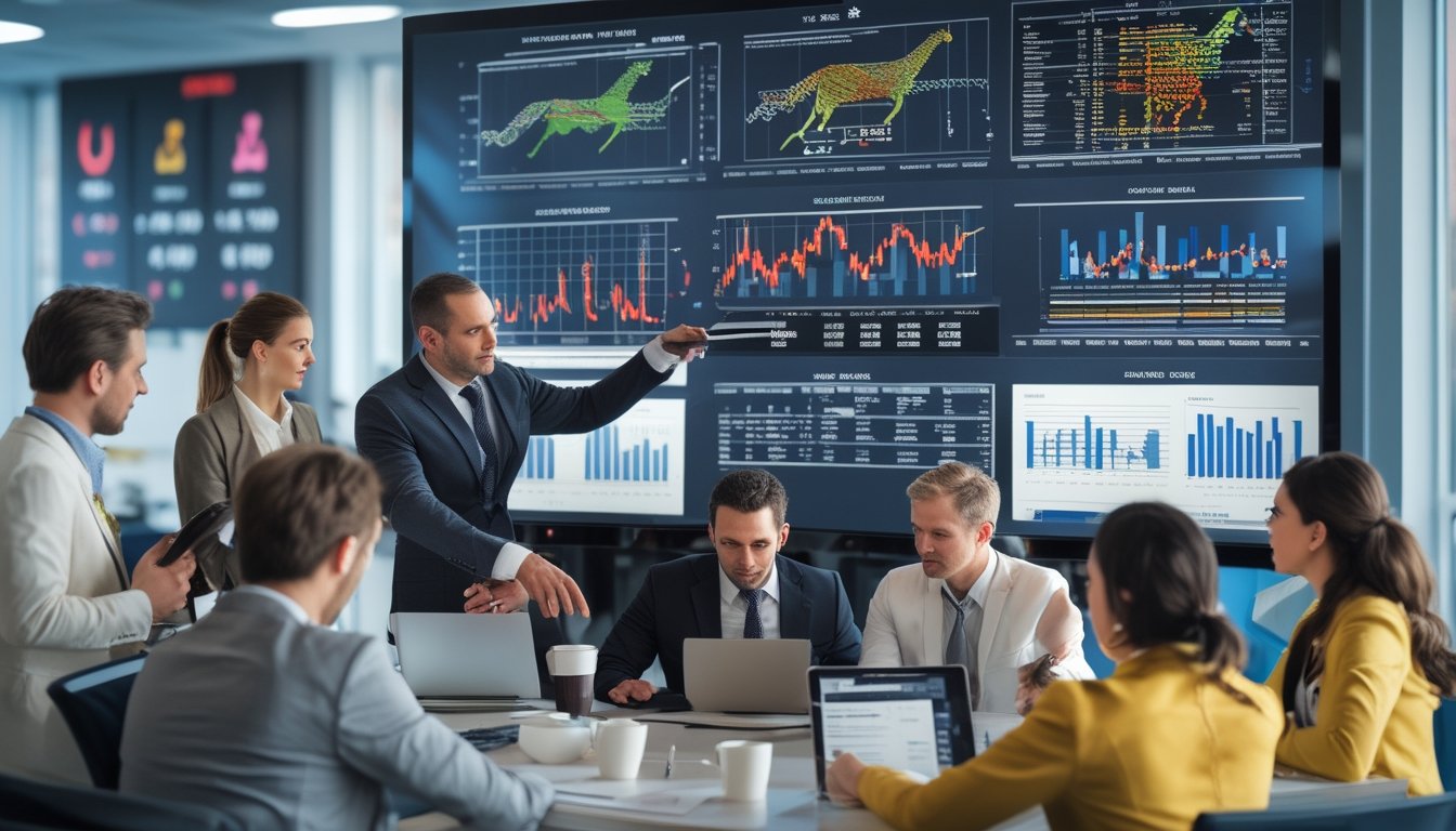 Sekelompok profesional sedang menganalisis data statistik kuda balap di ruang kantor modern dengan layar digital besar yang menampilkan grafik dan diagram.