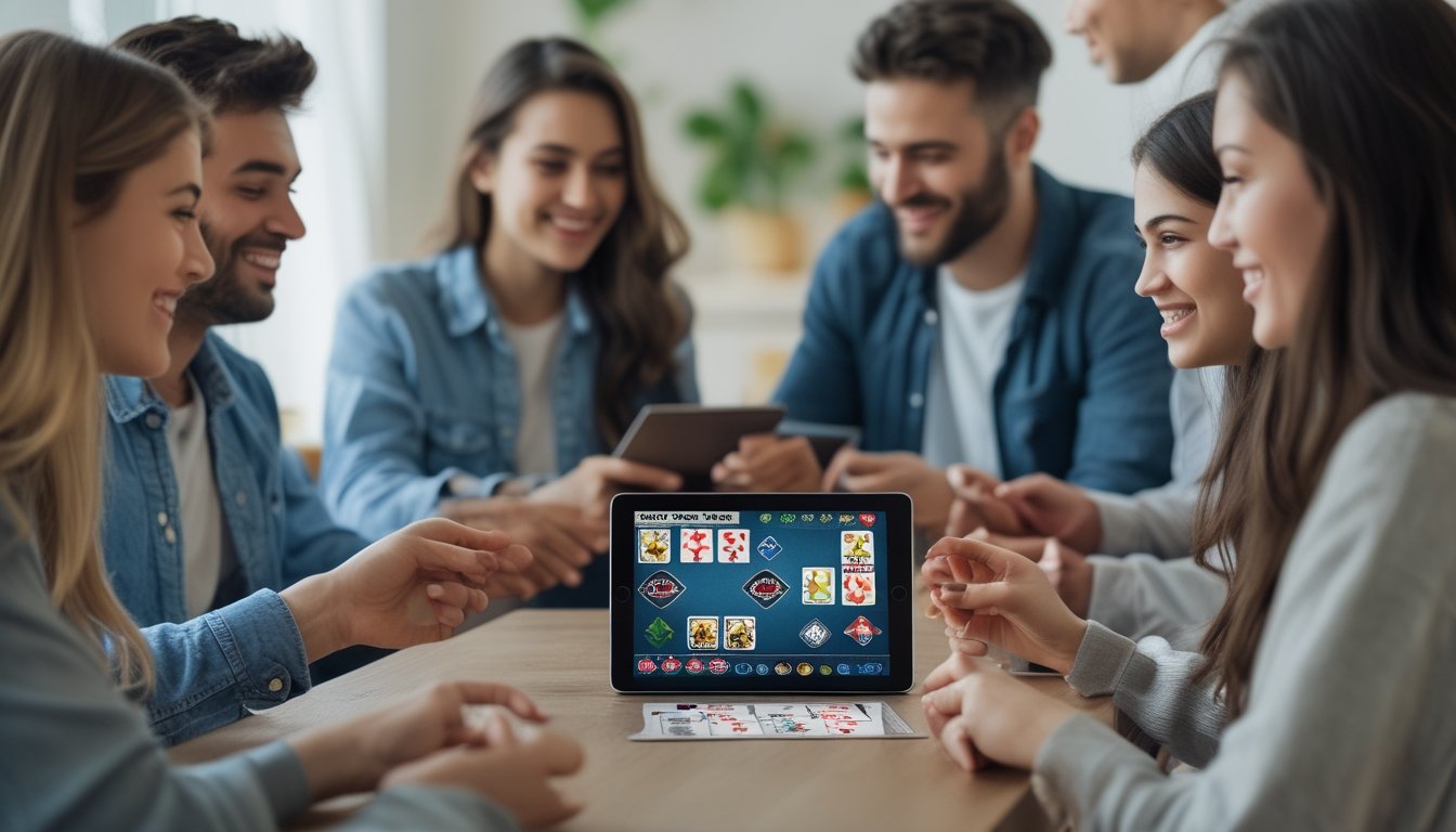 Sekelompok orang muda bermain Capsa Royale di meja dengan perangkat digital, terlihat fokus dan menikmati permainan kartu bersama.