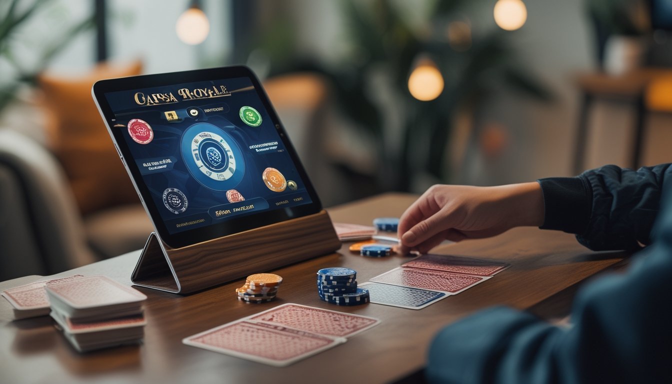 Meja dengan kartu remi, chip poker, dan perangkat digital yang menampilkan permainan Capsa Royale, dengan tangan yang sedang bermain.