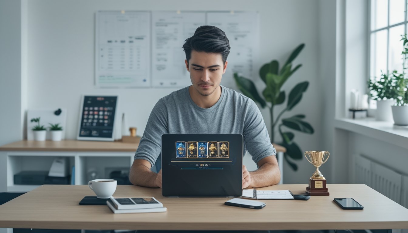 Seorang pria muda duduk di meja kerja dengan laptop, fokus pada permainan kartu digital di layar, di ruangan terang dengan jendela besar dan tanaman hijau.