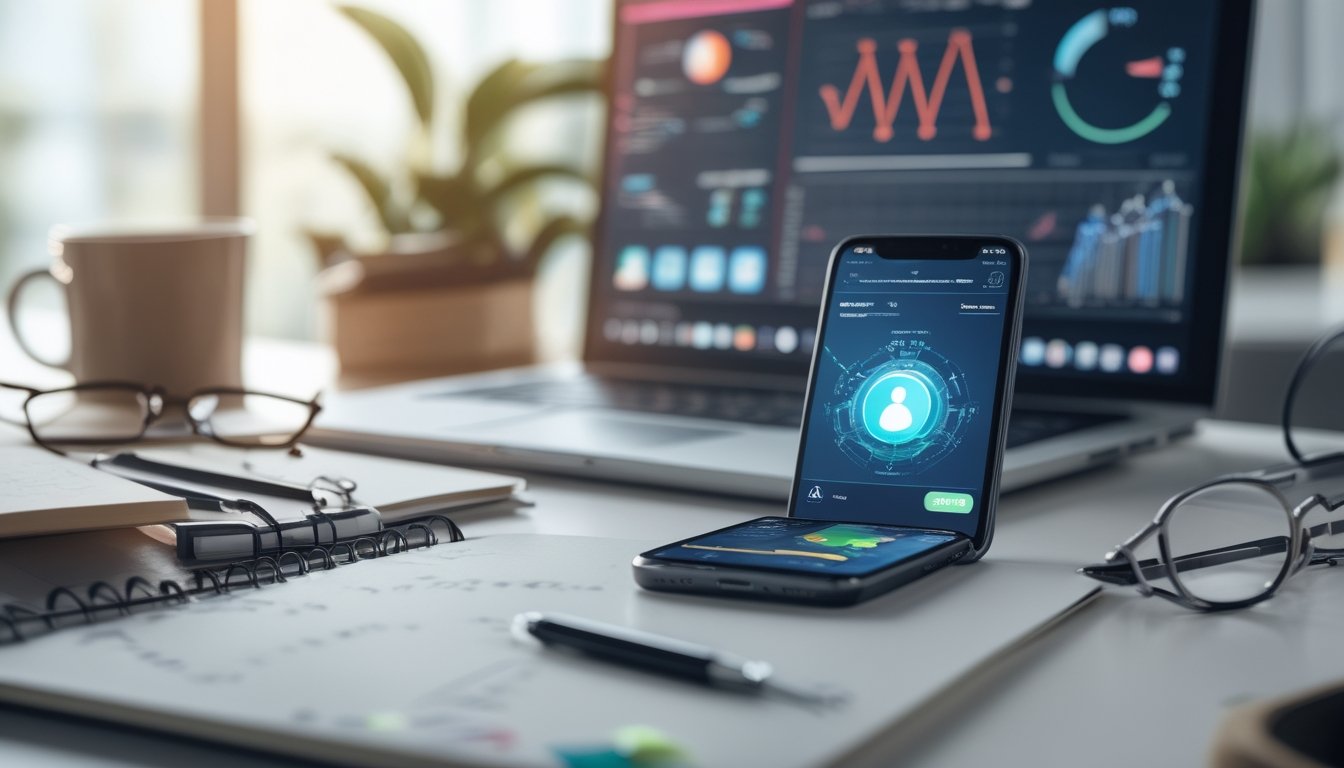 Seorang profesional sedang meninjau aplikasi Capsa Royale menggunakan smartphone dan laptop di meja kerja yang rapi.