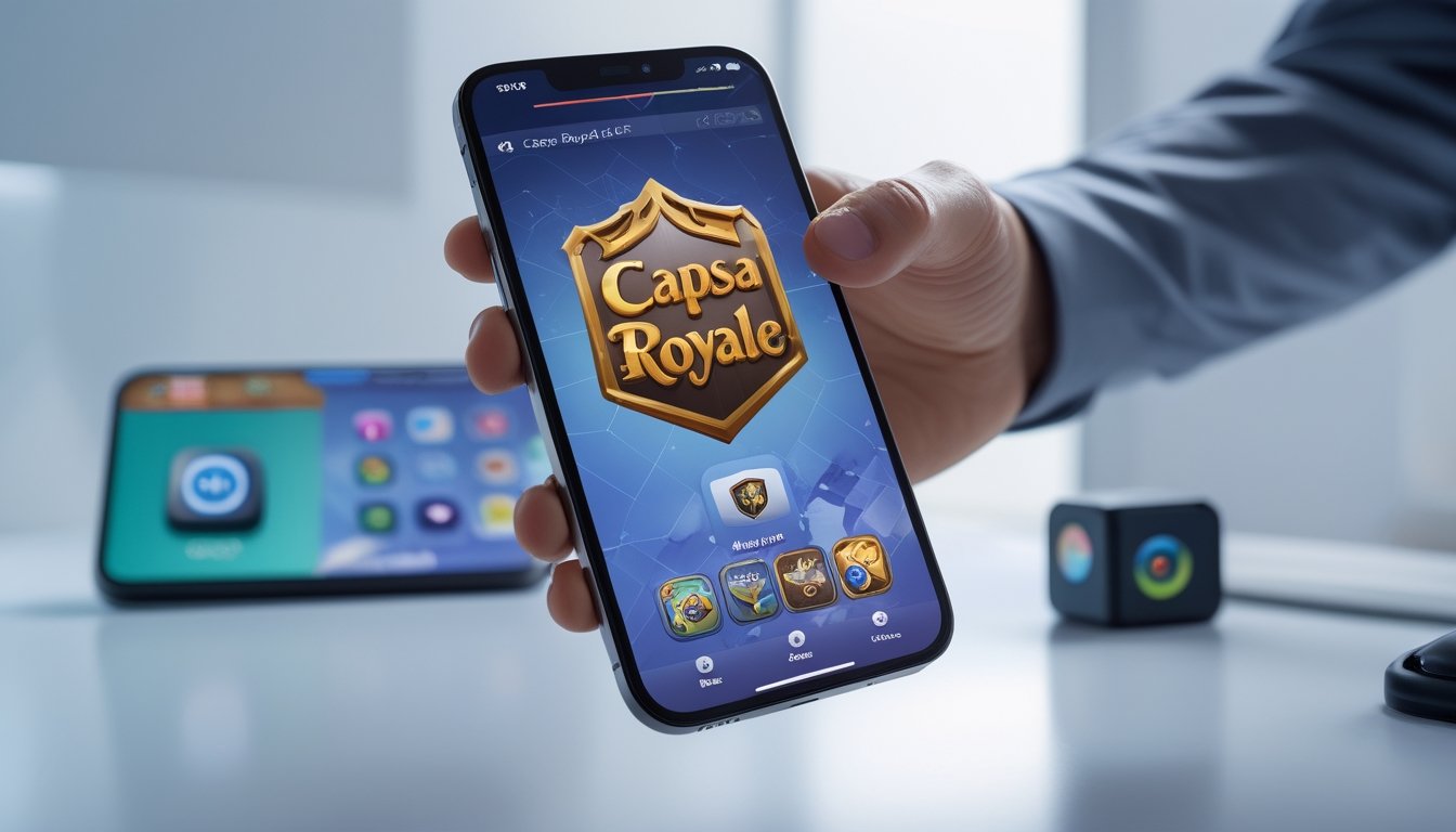 Seseorang memegang ponsel yang menampilkan permainan Capsa Royale dengan latar belakang cerah dan perangkat lain di sekitar.