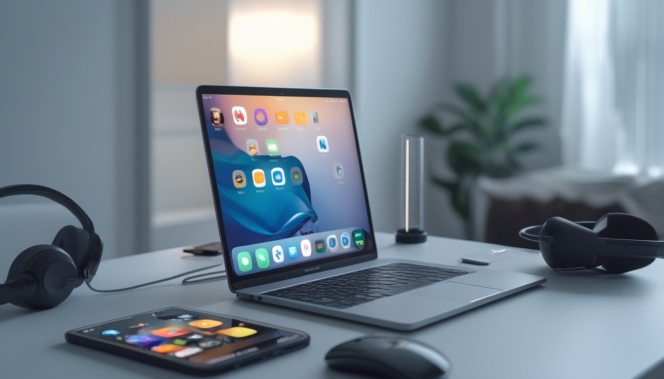 Meja kerja modern dengan smartphone, laptop yang menampilkan proses unduhan aplikasi, dan aksesori teknologi di sekitarnya.