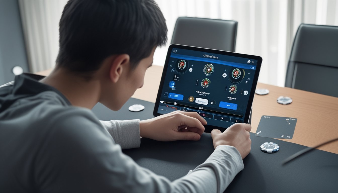 Seorang pemain fokus membaca susunan kartu lawan di meja permainan Capsa Royale dengan perangkat digital di sampingnya.