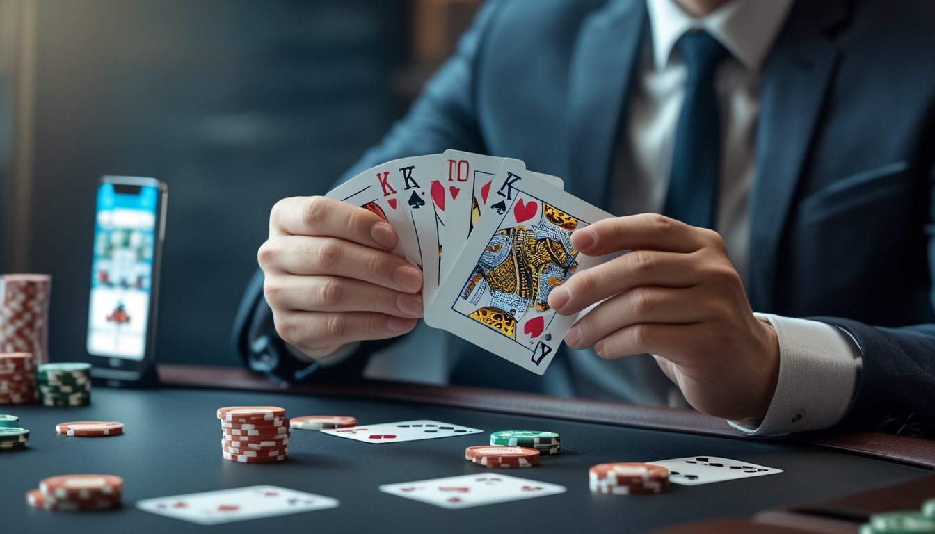 Seorang pria fokus memegang kartu bermain di meja dengan chip poker dan ponsel di latar belakang.