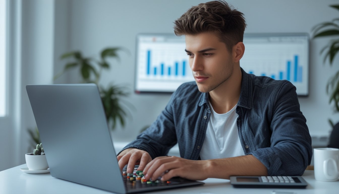 Seorang pria muda sedang duduk di meja modern bermain Capsa Royale di laptop dengan ekspresi fokus dan suasana ruang kerja yang rapi.