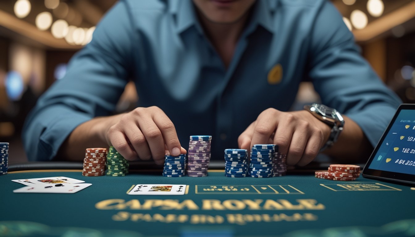 Seorang pemain sedang mengatur chip poker dan kartu di meja permainan dengan suasana kasino yang modern.