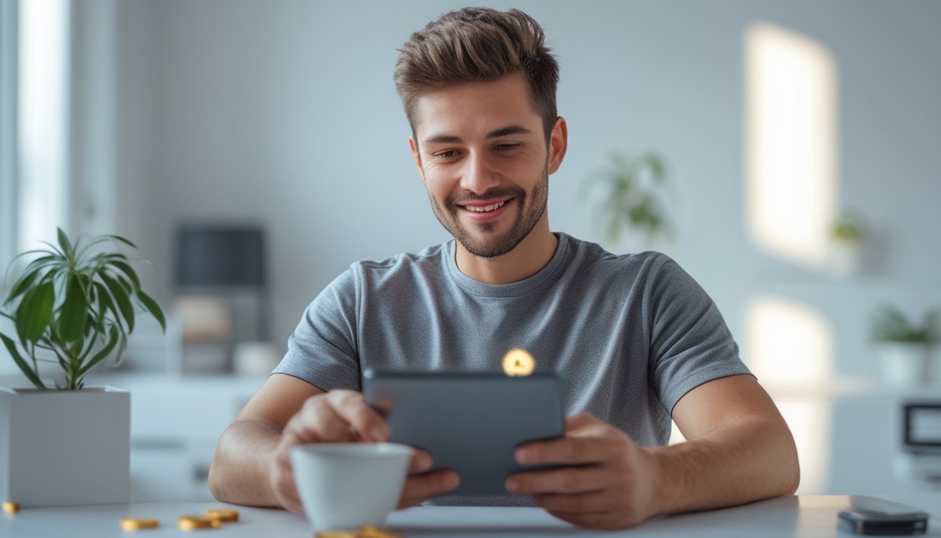 Seorang pria muda duduk di meja modern sambil bermain permainan kartu digital di tablet dengan latar belakang ruangan yang terang dan minimalis.