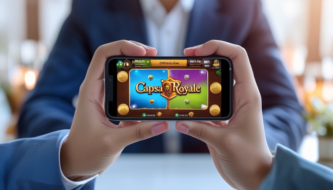 Seseorang memegang ponsel yang menampilkan permainan kartu digital dengan latar belakang acara resmi yang samar.