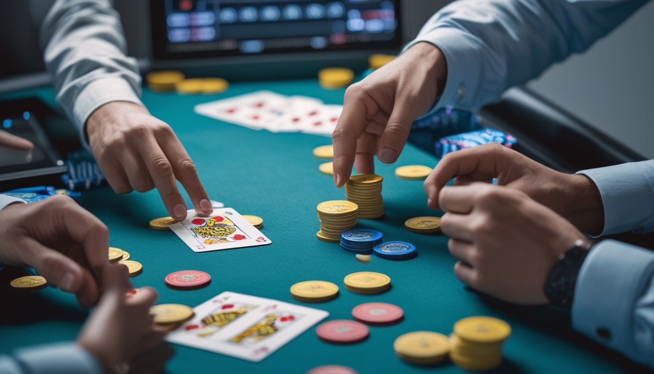 Meja permainan Capsa Royale dengan kartu dan chip, dua tangan menunjukkan strategi dan keberuntungan.