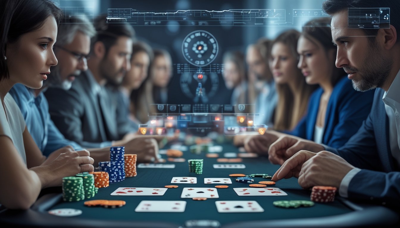 Orang-orang sedang bermain Capsa Royale di meja kartu dengan kartu dan chip poker, terlihat serius dan fokus dalam suasana permainan.