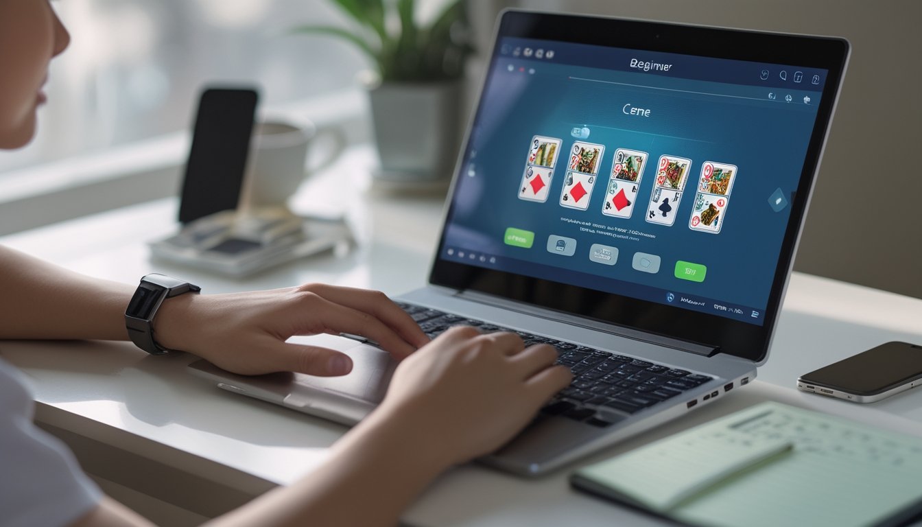 Seorang pemula bermain permainan kartu Ceme online di laptop di meja yang rapi dengan suasana terang dan nyaman.
