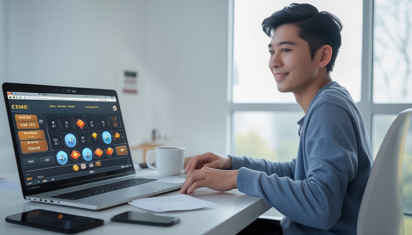 Seorang pemuda duduk di meja dengan laptop yang menampilkan permainan kartu Ceme online, terlihat fokus dan menikmati permainan.