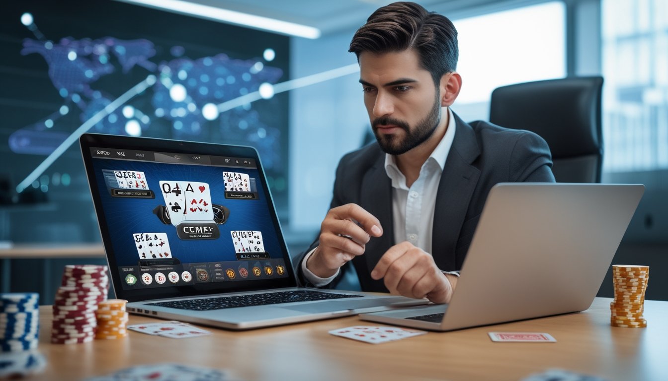 Seorang pria berpakaian rapi duduk di depan laptop dengan kartu remi dan chip poker di mejanya, terlihat fokus sedang bermain permainan kartu online di ruang kantor modern.