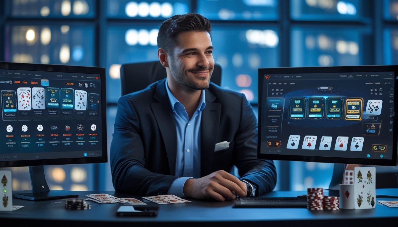Seorang pria berpakaian rapi duduk di meja dengan beberapa layar komputer yang menampilkan permainan kartu dan grafik, terlihat fokus dan percaya diri dalam suasana kantor modern.