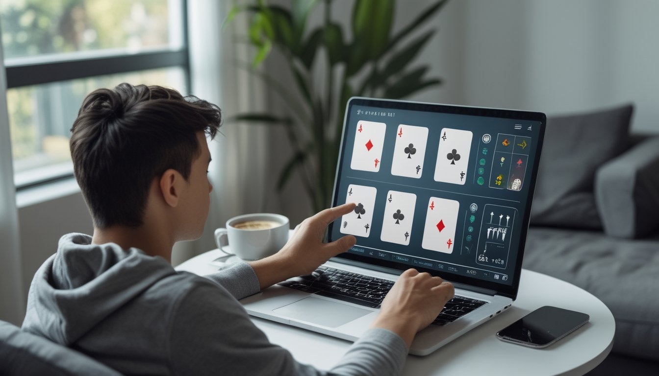 Seorang pria muda fokus bermain permainan kartu online di laptop di ruang tamu yang nyaman.