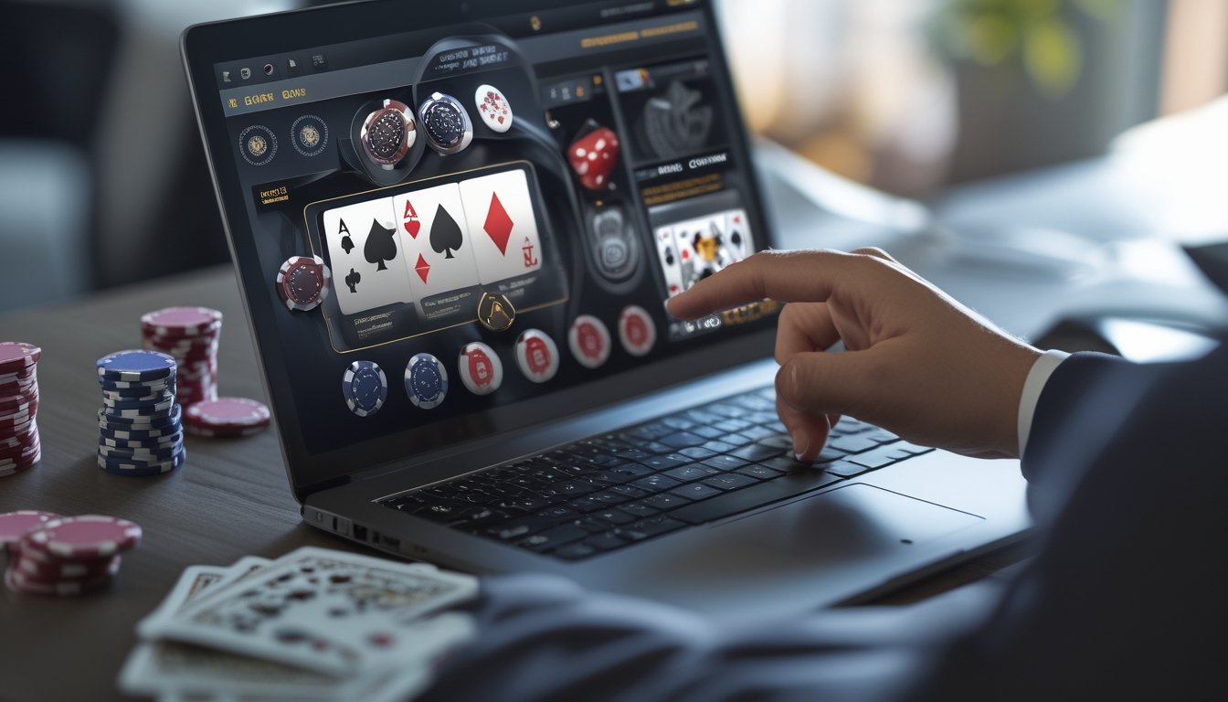 Seorang pemain sedang bermain permainan kartu Ceme online di laptop dengan chip dan kartu di meja.