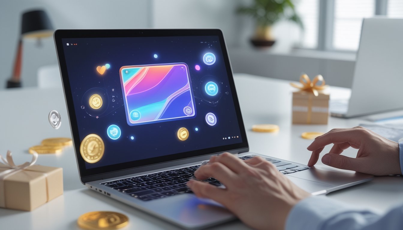 Seseorang menggunakan laptop di meja dengan tampilan permainan kartu online dan elemen hadiah digital di sekitarnya.