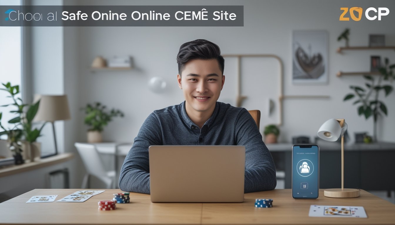 Seorang dewasa muda duduk di meja dengan laptop, sedang browsing situs permainan online yang aman di ruang kerja rumah yang terang.