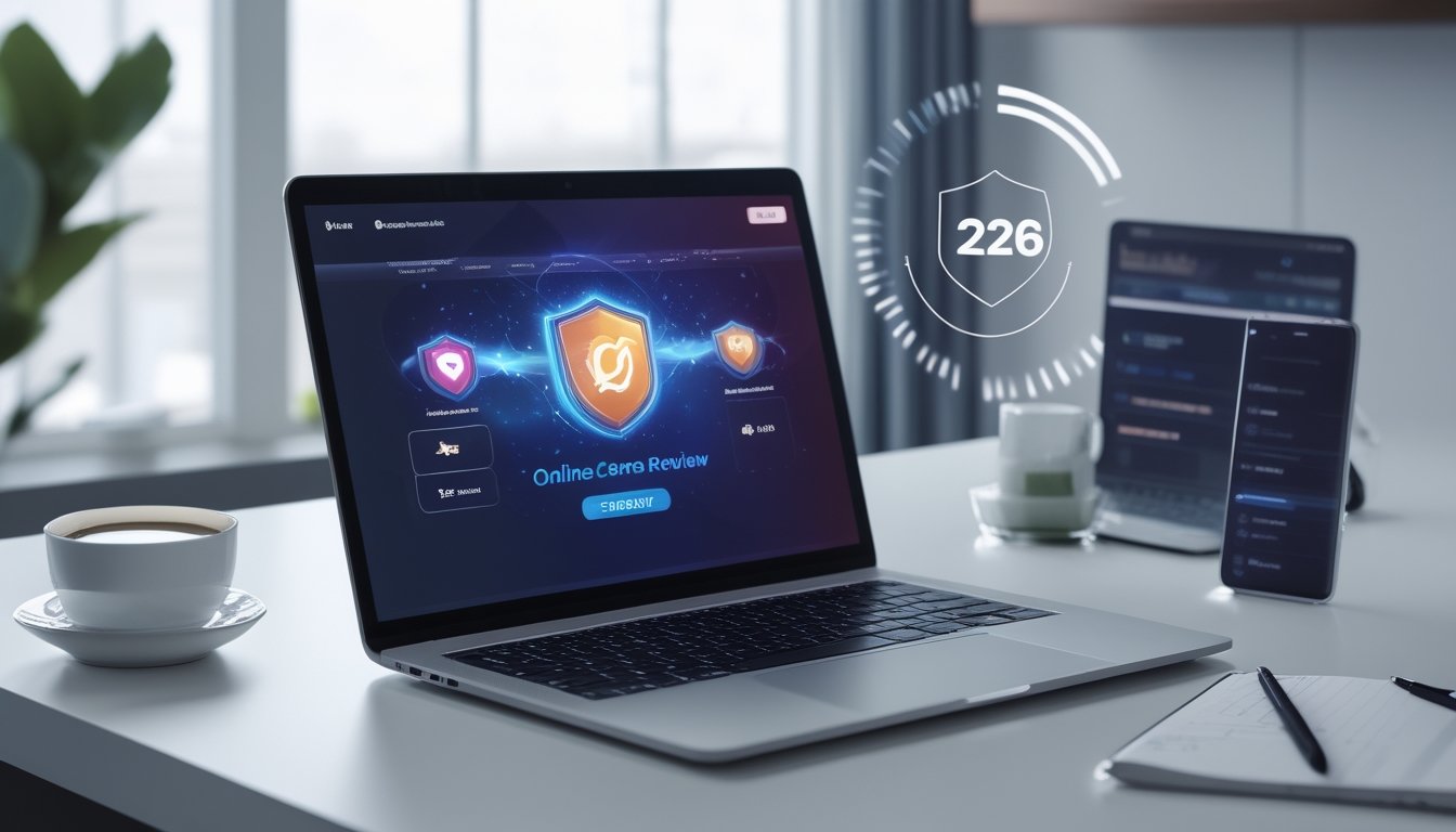 Seorang profesional menggunakan laptop di meja kerja modern dengan layar menampilkan situs permainan online, dikelilingi oleh elemen yang melambangkan keamanan dan kecepatan transaksi.