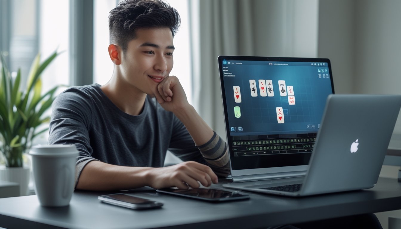 Seorang pria muda duduk di meja dengan laptop, bermain permainan kartu online dengan ekspresi fokus dan percaya diri.