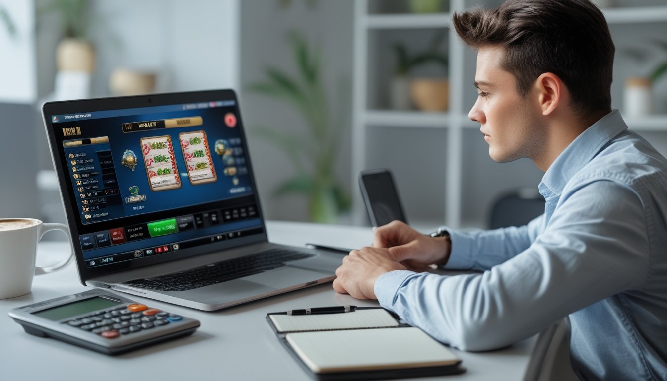Seorang pria muda duduk di meja dengan laptop yang menampilkan permainan kartu digital, sambil menggunakan kalkulator dan mencatat di buku catatan.