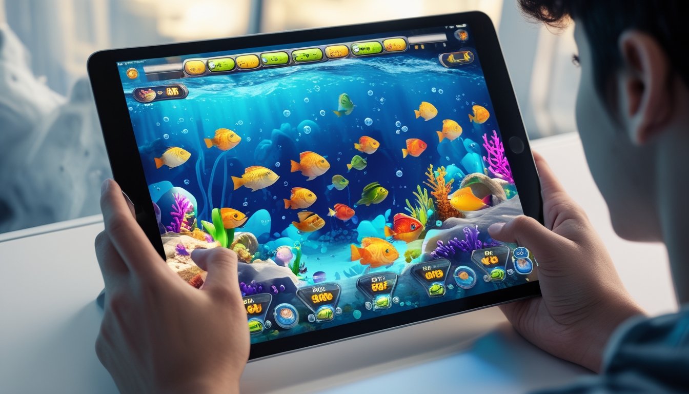 Seorang pemain muda sedang memegang tablet yang menampilkan permainan tembak ikan dengan ikan-ikan berwarna-warni di latar bawah laut.