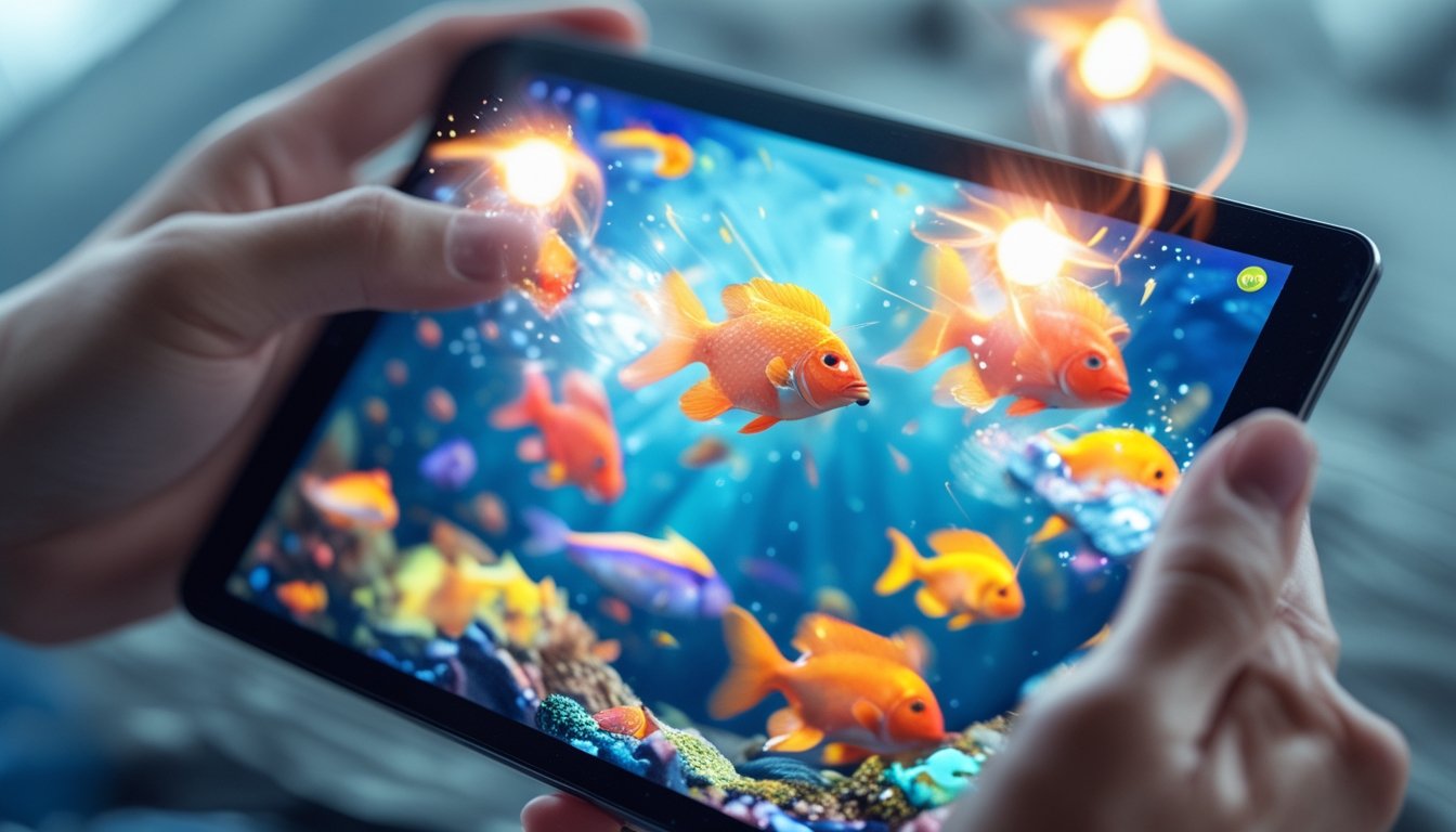 Tangan memegang perangkat digital yang menampilkan permainan tembak ikan dengan berbagai ikan berwarna-warni di layar.