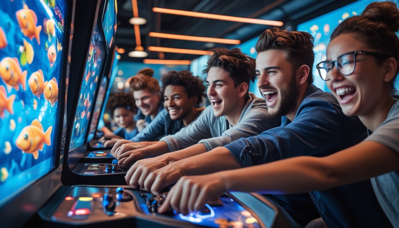 Sekelompok teman bermain game tembak ikan multiplayer di arcade dengan layar besar dan lampu neon.
