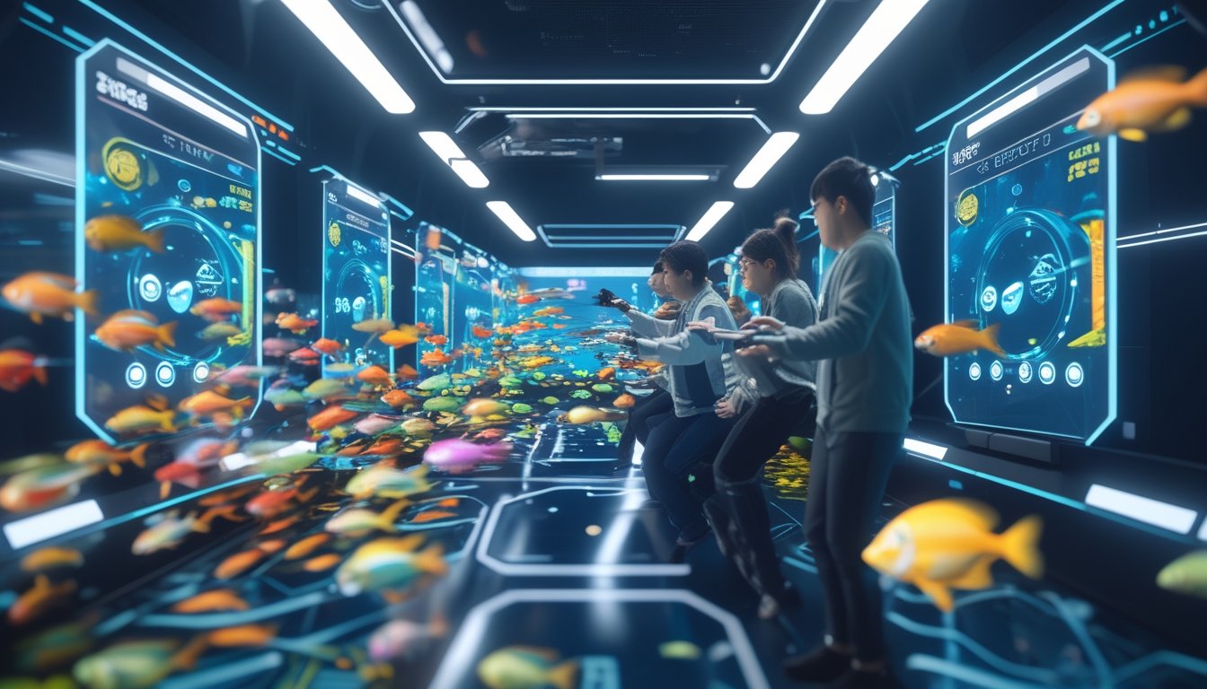 Pemandangan bawah laut digital dengan ikan berwarna-warni dan beberapa pemain yang menggunakan layar holografik untuk bermain game tembak ikan.