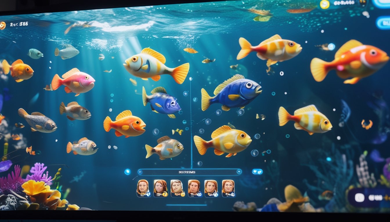Antarmuka permainan tembak ikan multiplayer dengan berbagai ikan berwarna-warni di layar perangkat digital, menunjukkan suasana bawah laut yang hidup dan interaksi pemain.