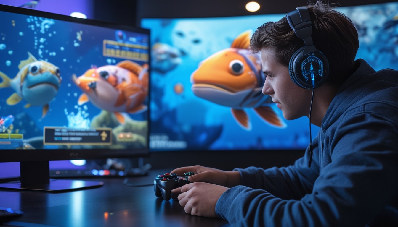 Seorang pemain muda yang fokus bermain game tembak ikan multiplayer di ruangan game modern dengan layar besar dan lampu warna-warni.