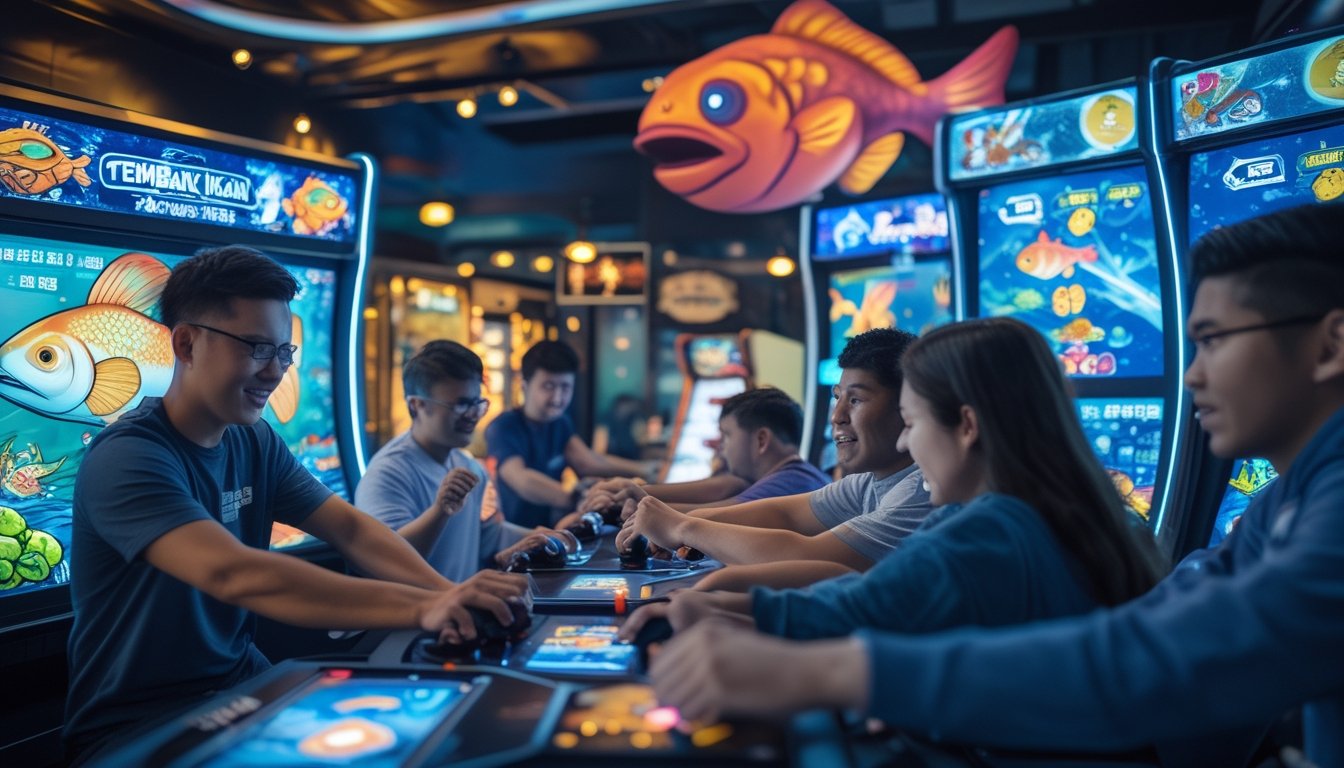 Sejumlah pemain sedang bermain game arcade multiplayer menembak ikan besar di mesin permainan dengan layar warna-warni di dalam ruangan arcade yang penuh cahaya neon.