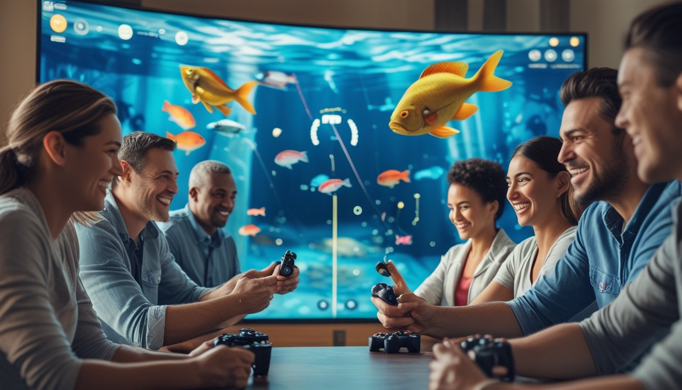 Beberapa orang bermain game tembak ikan multiplayer dengan layar besar menampilkan ikan berwarna-warni di dalam ruangan yang nyaman.