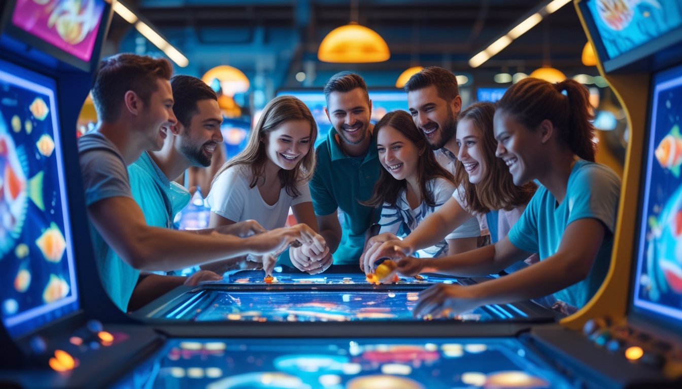 Sekelompok orang bermain permainan tembak ikan secara multiplayer di sebuah arcade, terlihat saling berinteraksi dengan ekspresi senang dan antusias.