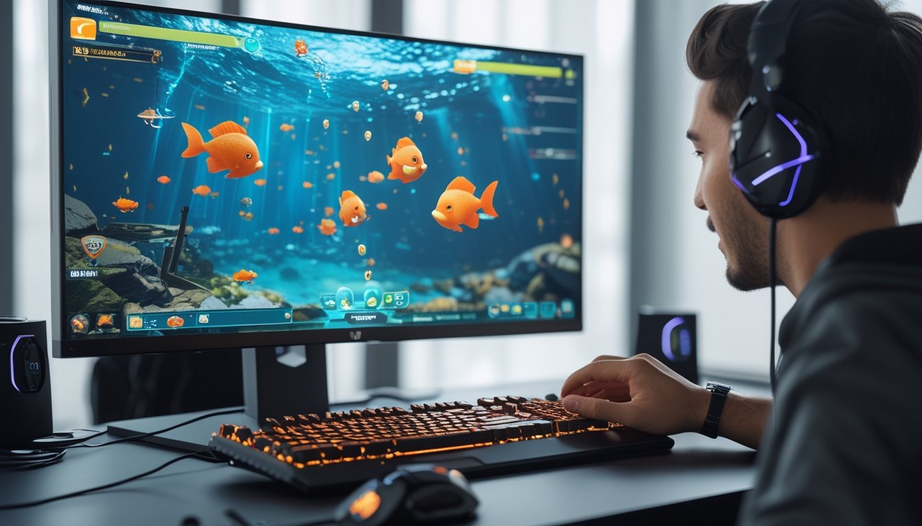 Seorang pemain sedang bermain game tembak ikan multiplayer di komputer dengan layar menampilkan grafis bawah laut berwarna-warni dan berbagai ikan.